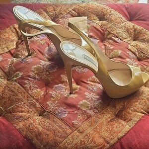 Prada Tan Patent Platform Peep-Toe Heels